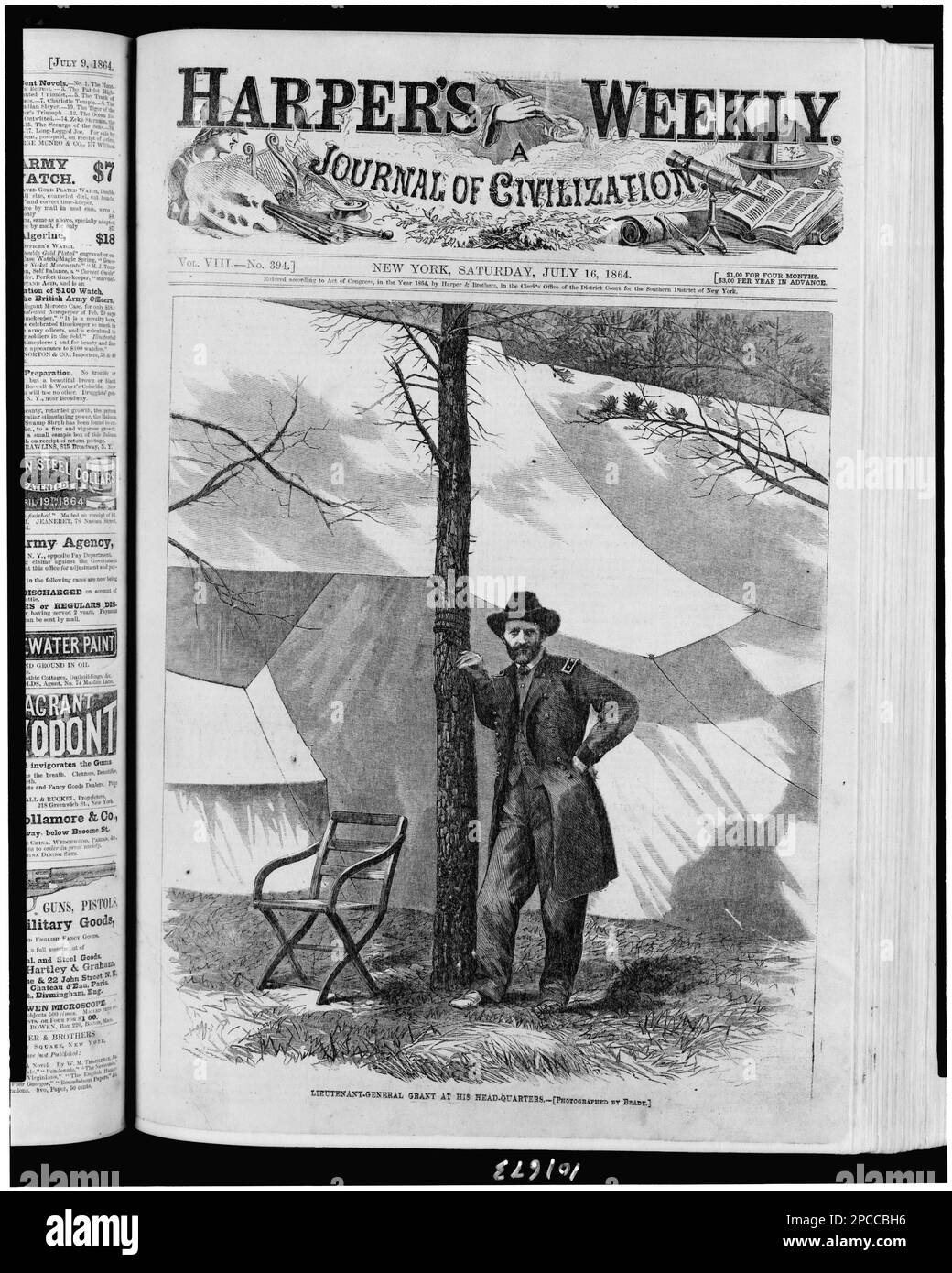 Lieutenant-General Grant at his head-quarters / photographed by Brady.. Illus. in: Harper's weekly, 1864 July 16, p. 449 (cover). Grant, Ulysses S, (Ulysses Simpson), 1822-1885, Military service, United States, History, Civil War, 1861-1865, Military facilities, Union. Stock Photo