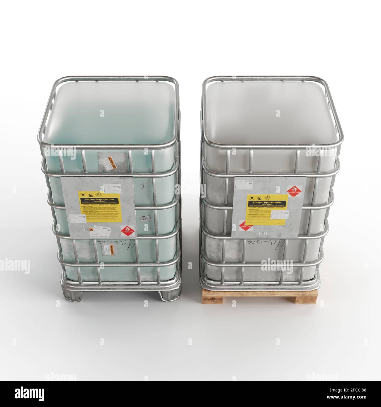 two large stainless drums with lids sitting on top of wooden pallets