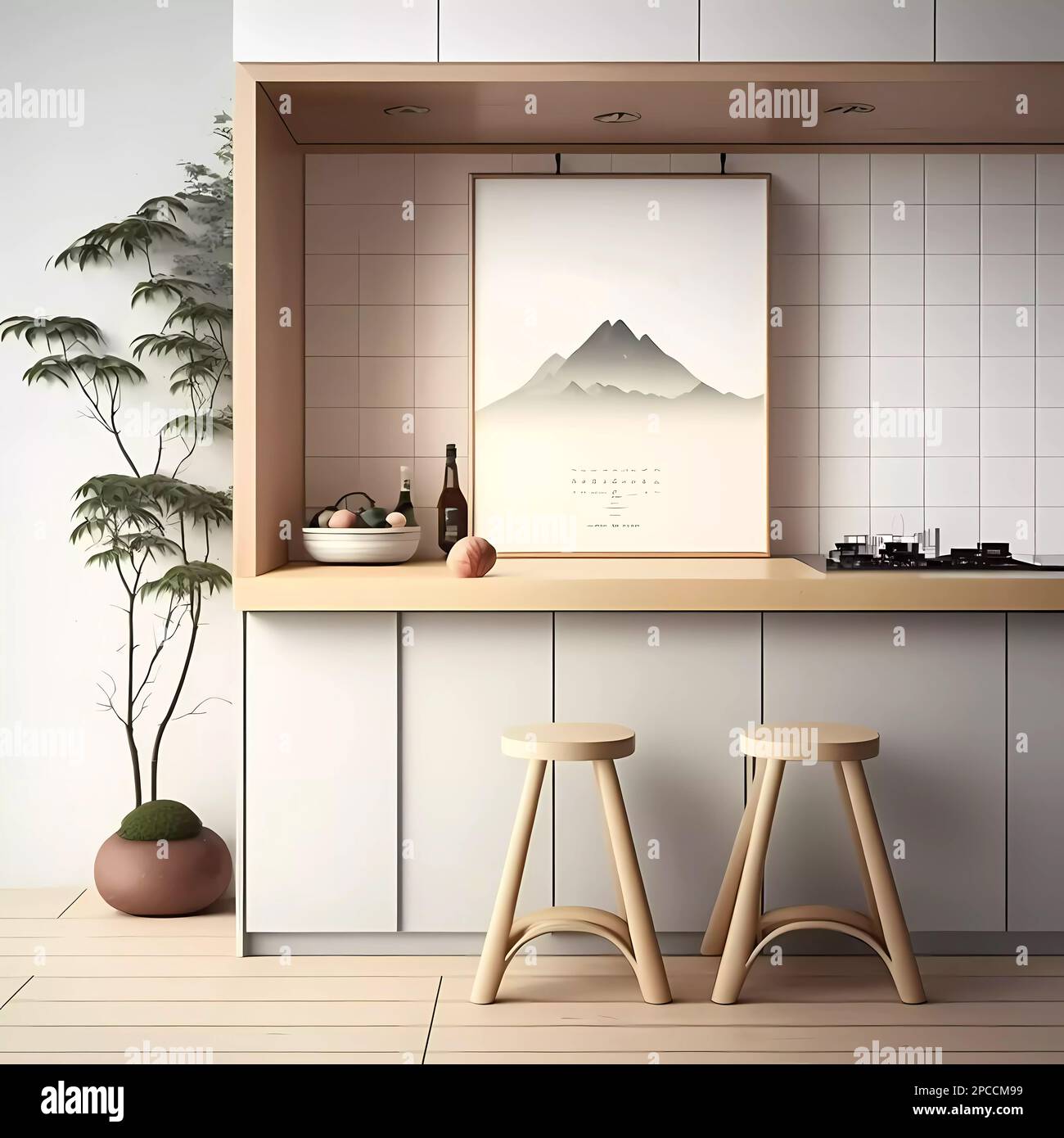Minimal cozy counter mockup design for product presentat. Japan style