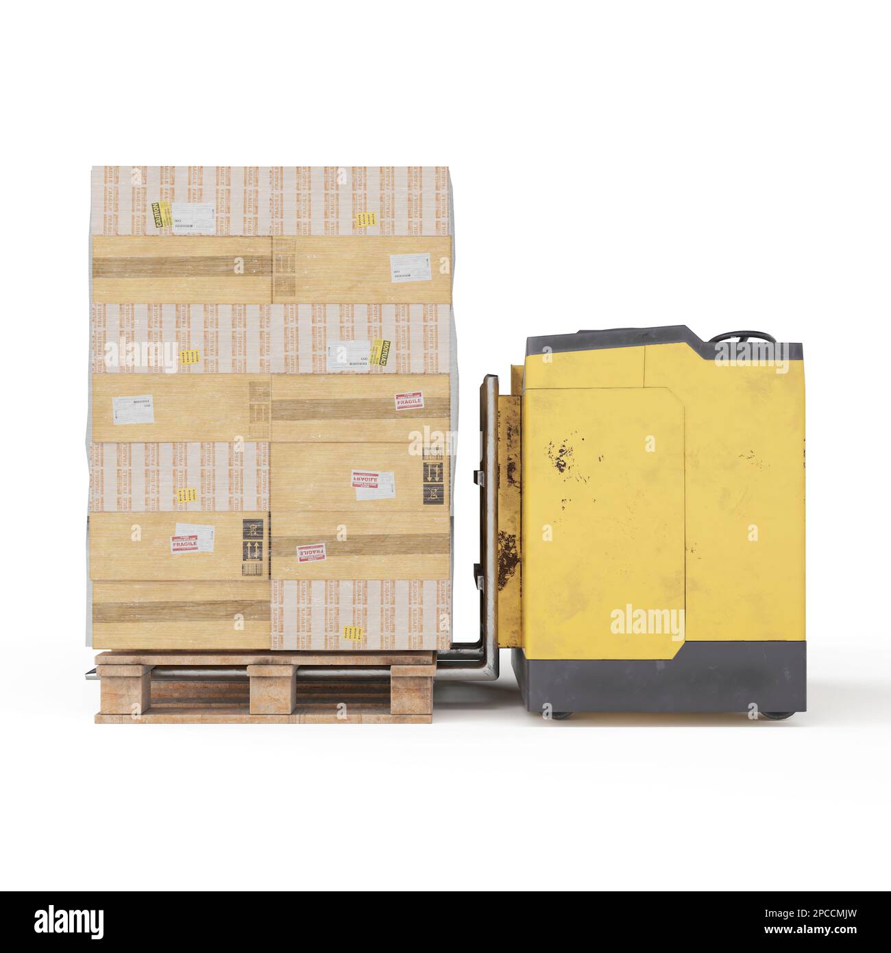 Forklift lifting boxes 3D rendering Stock Photo