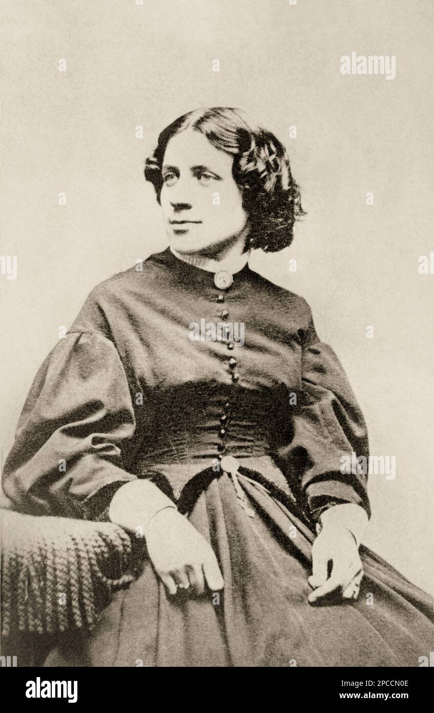 1860 ca , USA : The social reformer activist and leading figure of the early woman's movement  ANNA ELIZABETH DICKINSON ( 1842 - 1932 ). Photo by J.W. Hurn , Philadelphia   - SUFFRAGETTA - sufraggetta - Sufragist - POLITICO - POLITICIAN - POLITICA - POLITIC - FEMMINISMO - FEMMINISTA  - FEMMINISTE - SUFFRAGETTE - USA - ritratto - portrait  - FEMMINISM - FEMMINIST - SUFFRAGIO UNIVERSALE - VOTO POLITICO ALLE DONNE - FASHION - MODA  - OTTOCENTO - 800's - '800 - pin - spilla - lace - profile ----  Archivio GBB Stock Photo