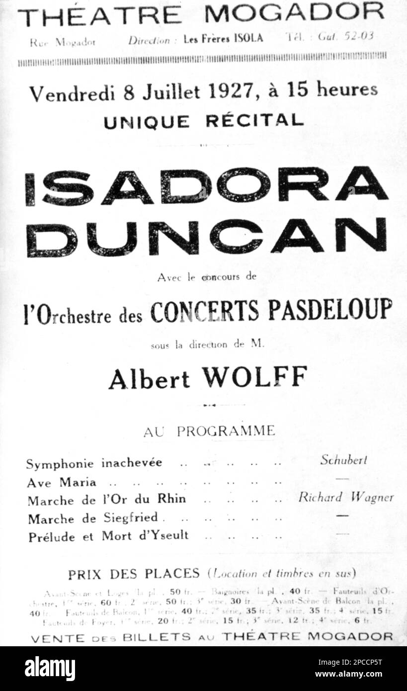 1927 , 8 juillet , Paris , FRANCE : the playbill of Isadora Duncan's last performance in Paris , with music director ALBERT WOLFF in Schubert and Richard Wagner music .  The american revolutianary dancer ISADORA DUNCAN ( 1878 -  1927 )  . Duncan was the founder of Free Dance , married to russian gay poet Sergei Esenin , lover of theater designer Gordon Craig - DANCE - DANZA - ballerina - rivoluzionaria - avanguardia - avantgarde - ancient greco-roman dress - vestito all'antica greco-romano - DANZA LIBERA - BALLETTO - TEATRO - BALLERINA - DANCER  - DIVA - DIVINA - AVANGUARDIA  - THEATER - THEAT Stock Photo