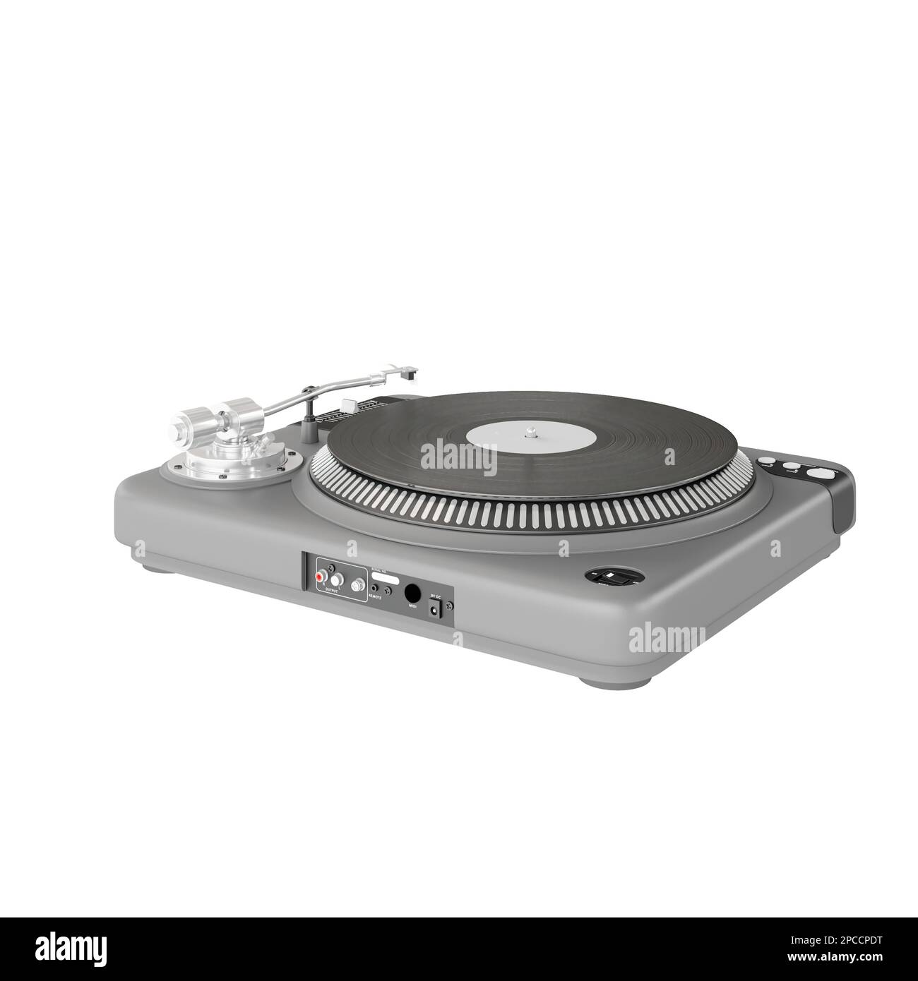 3D rendering of DJ turntable with headphones and vinyl records Stock Photo