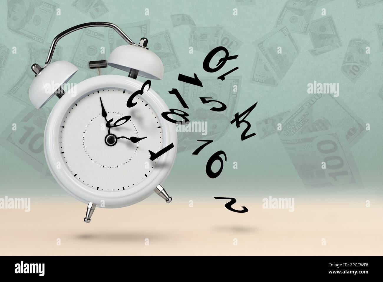 Time is running out. White alarm clock with flying numbers as a symbol