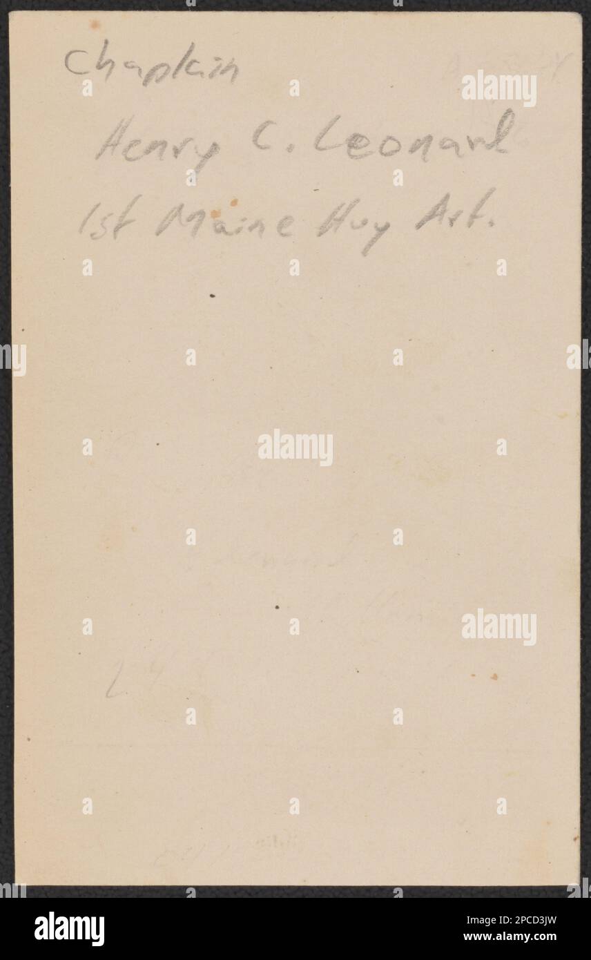 Chaplain Henry C. Leonard of 3rd Maine Infantry Regiment, 1st Heavy Artillery (Maine) and 18th Maine Infantry Regiment in uniform / Brady, Washington.. Liljenquist Family Collection of Civil War Photographs , pp/liljpaper. Leonard, Henry C, United States, Army, Maine Infantry Regiment, 18th (1862), People, United States, Army, Maine Heavy Artillery Regiment, 1st (1863-1865), People, United States, Army, Maine Infantry Regiment, 3rd (1861-1864), People, Chaplains, 1860-1870, Soldiers, Union, 1860-1870, Military uniforms, Union, 1860-1870, United States, History, Civil War, 1861-1865, Military p Stock Photo
