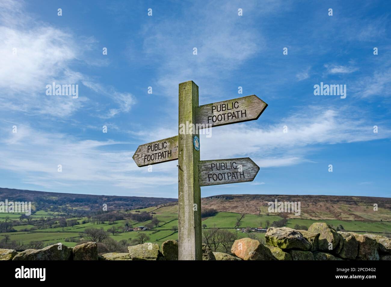 Public footpath sign at Farndale in the North York Moors Stock Photo