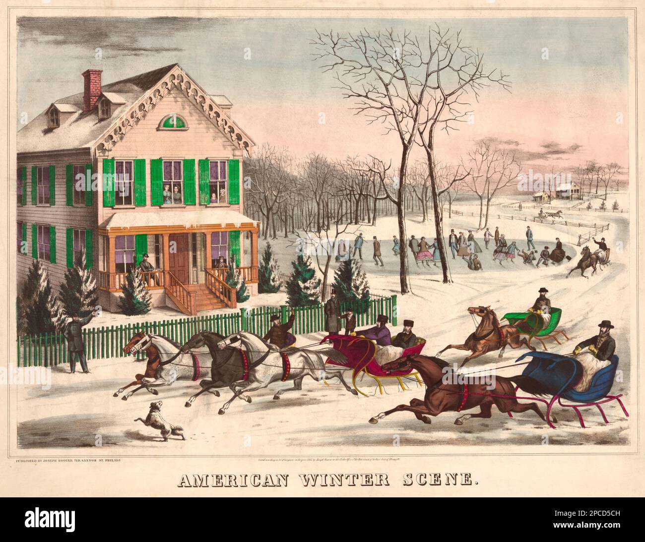 1867 , USA : American winter scene . Four horse-drawn sleighs in front of house. Illustration print pubblished by Joseph Hoover , PHILADELPHIA , USA  - SNOW - NEVE - SPORT - gara delle slitte - slitta da neve -  pattinaggio - skating - bosco - bush - PANORAMA - HOUSE - HOME - CASA - GIOCHI SULLA NEVE - INVERNO - INVERNALI - FOTO STORICHE - HISTORY - GEOGRAFIA - GEOGRAPHY  - cavallo - cavalli - horses -   - landscape - paesaggio - veduta - stampa - illustrazione - illustration - engraving -  ARTE - ARTS - OTTOCENTO - '800 - 800's  ----  Archivio GBB Stock Photo