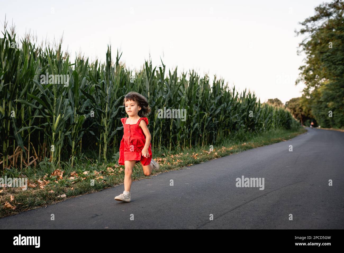 girl in red dress running on the country road Stock Photo Alamy