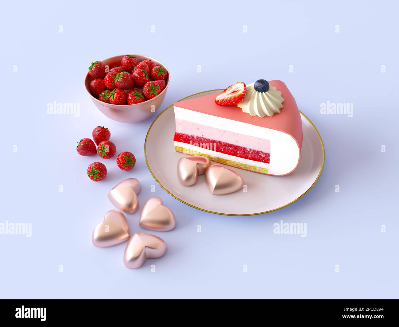 Slice of cake with mirror glaze on the plate, decorated with berries and merengue. Heart shaped golden cookies, bowl with fresh wild strawberry. Stock Photo