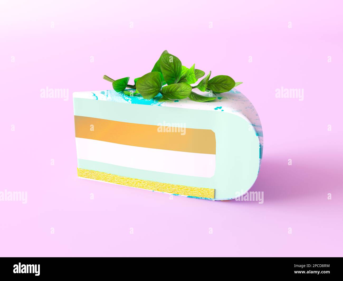 A piece of cake with mirror glaze. Mint icing, vanilla sponge, milk souffle and yellow jam in the filling. Decorated with green mint leaves. Stock Photo