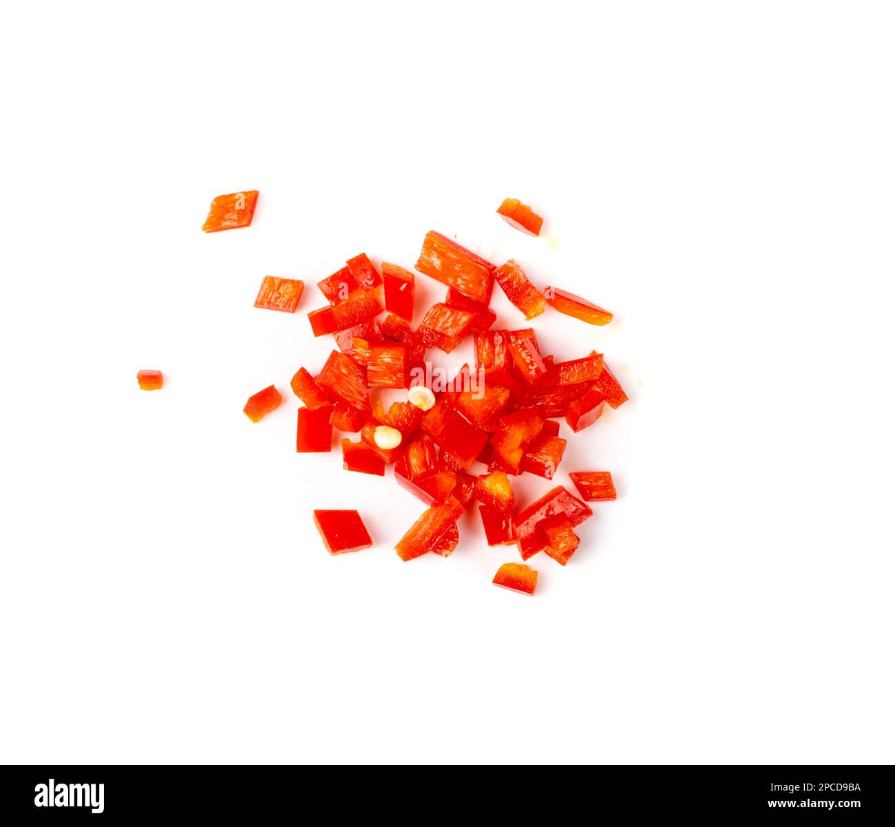 Chopped Chili Peppers Cut Isolated, Fresh Spicy Chilli Pepper Pieces, Red Hot Chili Peppers Parts on White Background Stock Photo