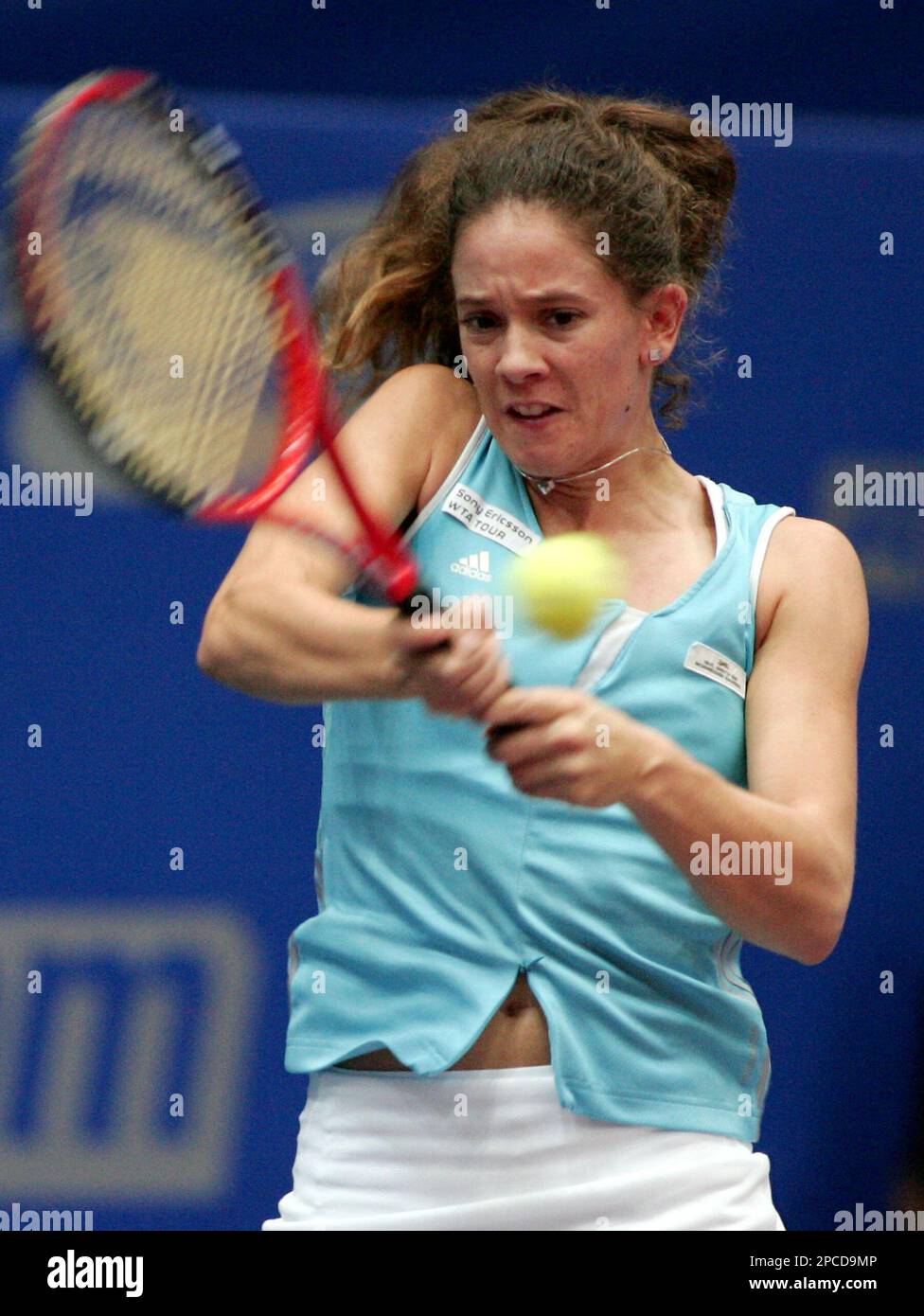 Switzerland's Patty Schnyder returns the ball to Nathalie Dechy from France  during their second round match of the Generali Ladies WTA tennis tournament  in Linz, Austria, on Thursday, Oct. 26, 2006. (AP