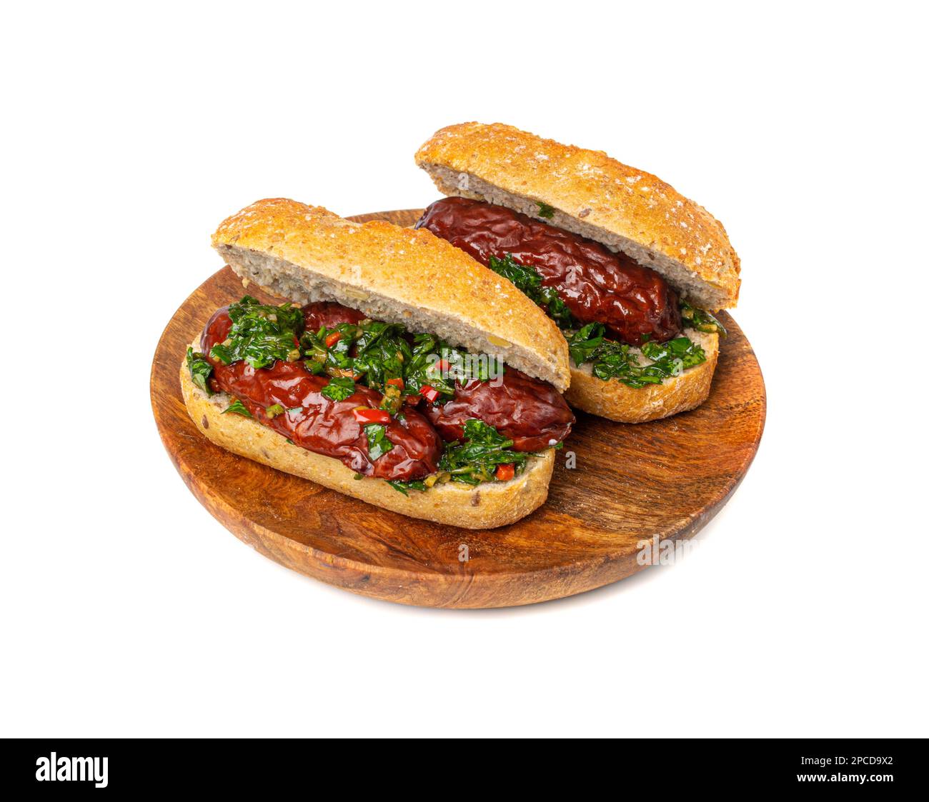 Choripan Sausage Sandwich Isolated, Traditional Chimichurri Bread with Chorizo and Chimichurri, South American Street Food, Choripan Sausage Sandwich Stock Photo