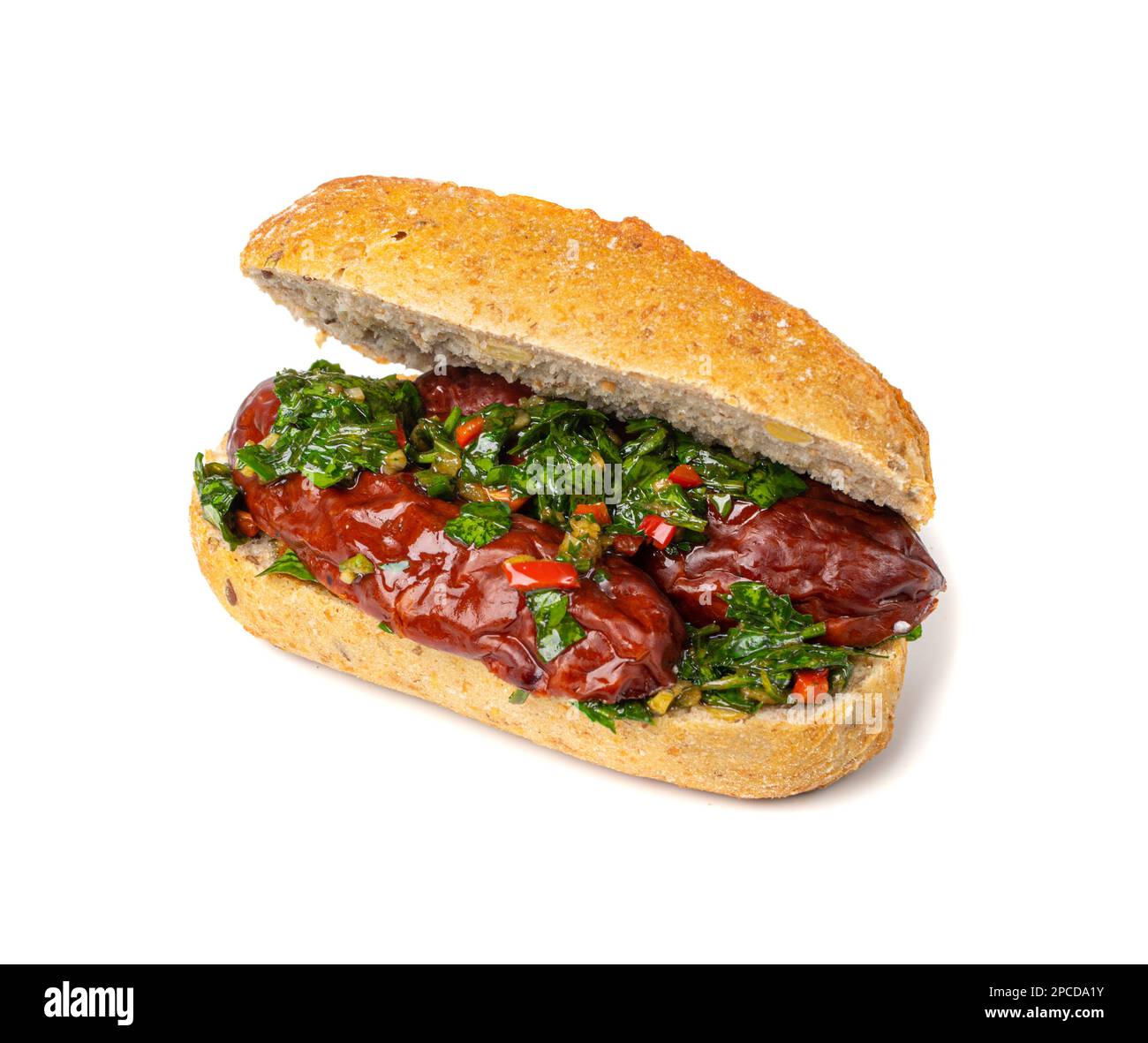 Choripan Sausage Sandwich Isolated, Traditional Chimichurri Bread with Chorizo and Chimichurri, South American Street Food, Choripan Sausage Sandwich Stock Photo