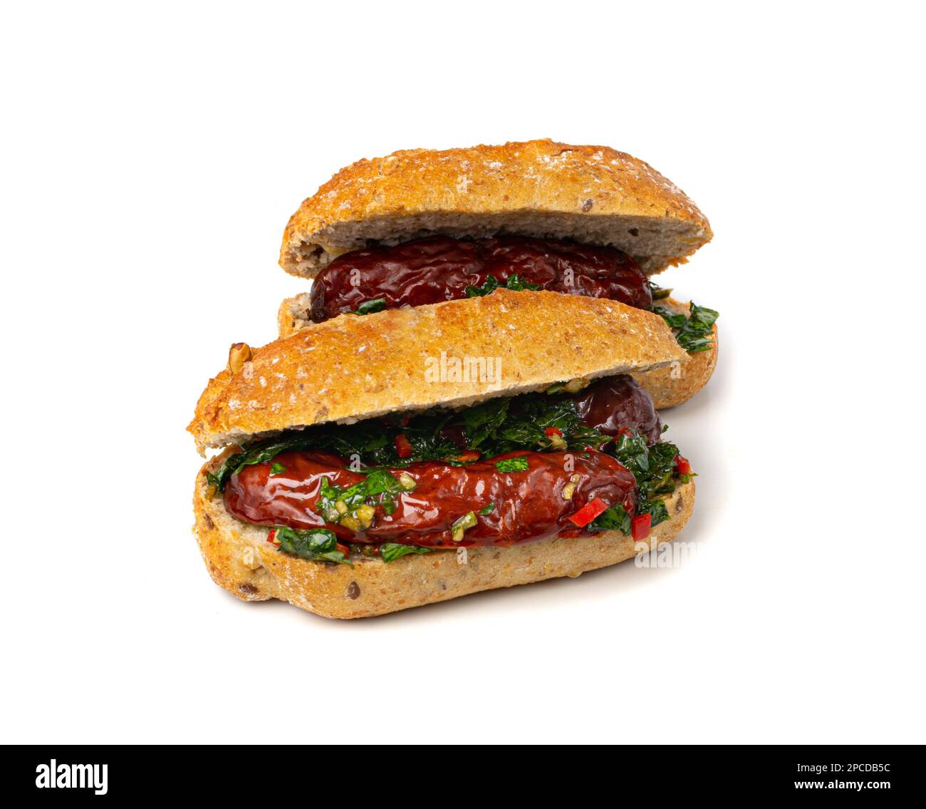 Choripan Sausage Sandwich Isolated, Traditional Chimichurri Bread with Chorizo and Chimichurri, South American Street Food, Choripan Sausage Sandwich Stock Photo