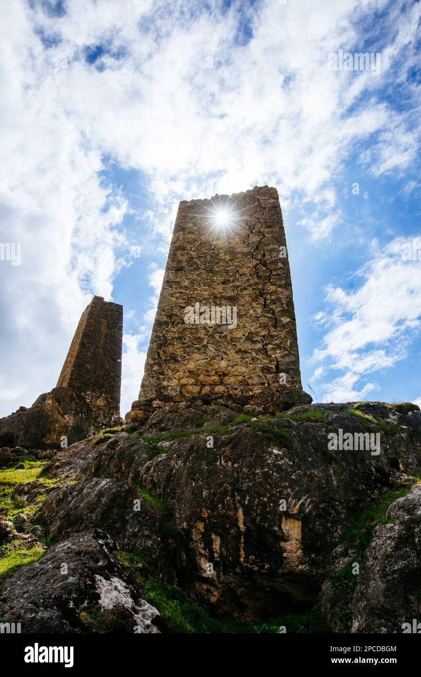 Ancient ruined medieval tower complex Tsimiti in North Ossetia. Stock Photo
