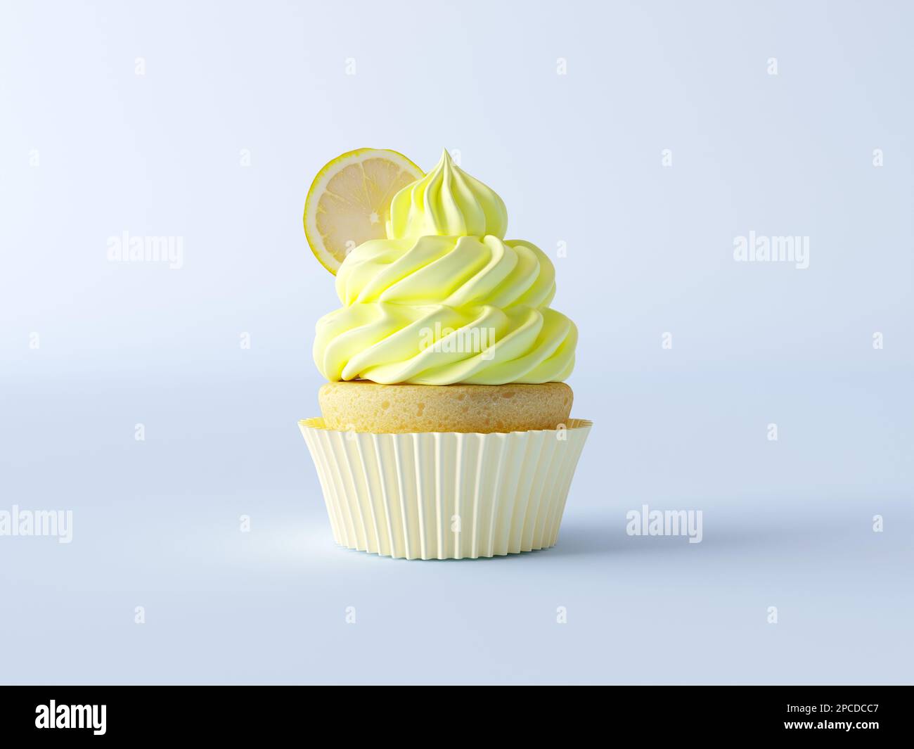 Birthday cupcake with pastel yellow whipped cream swirl. Vanilla cupcake with lemon slice and big cream swirl. Single cupcake in paper cup Stock Photo