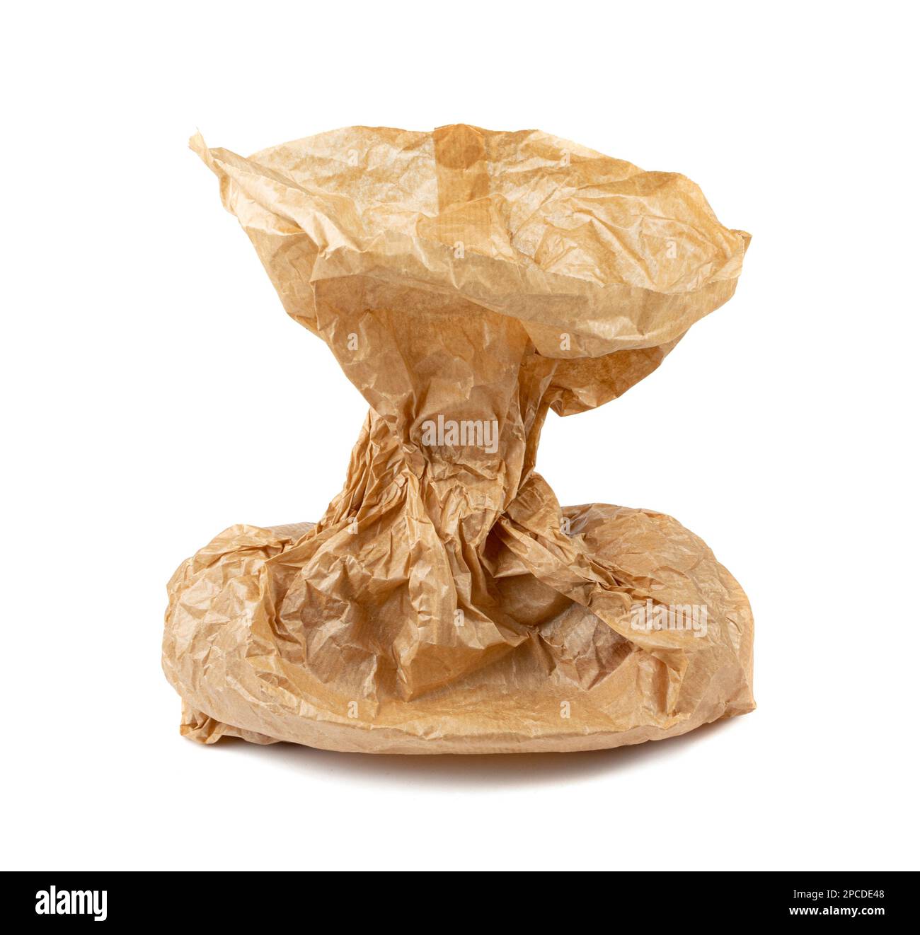 Old paper bag isolated. Crumpled disposable ecology container, wrinkled