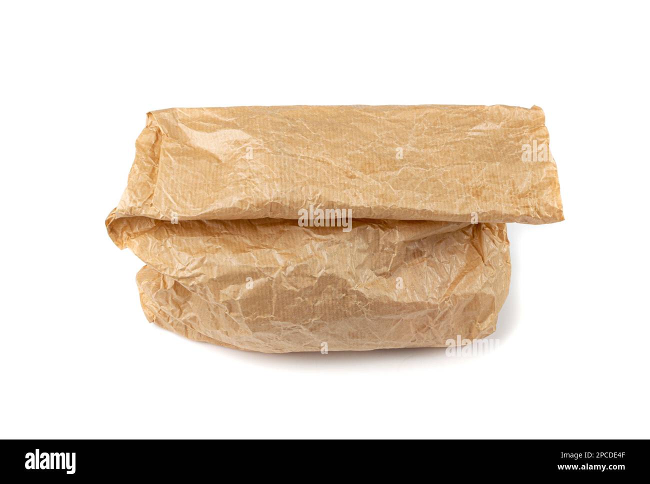 Old paper bag isolated. Crumpled disposable ecology container, wrinkled