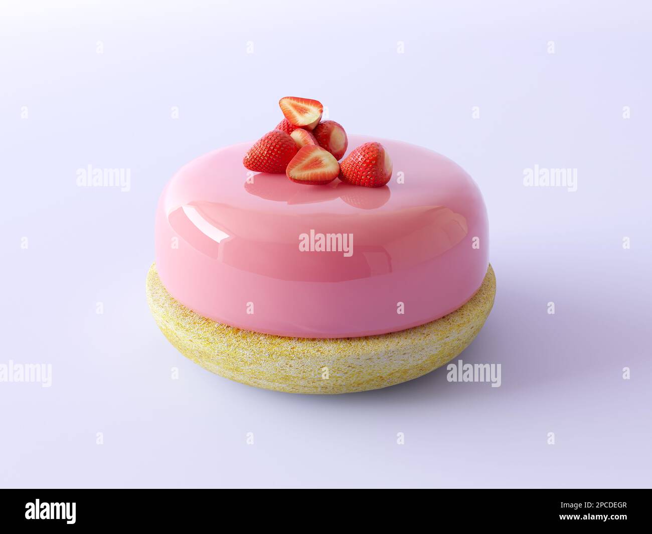 Trendy strawberry mousse cake with pink mirror glaze. Decorated by fresh slice of strawberries. Isolated on pastel background. Assortment picture Stock Photo