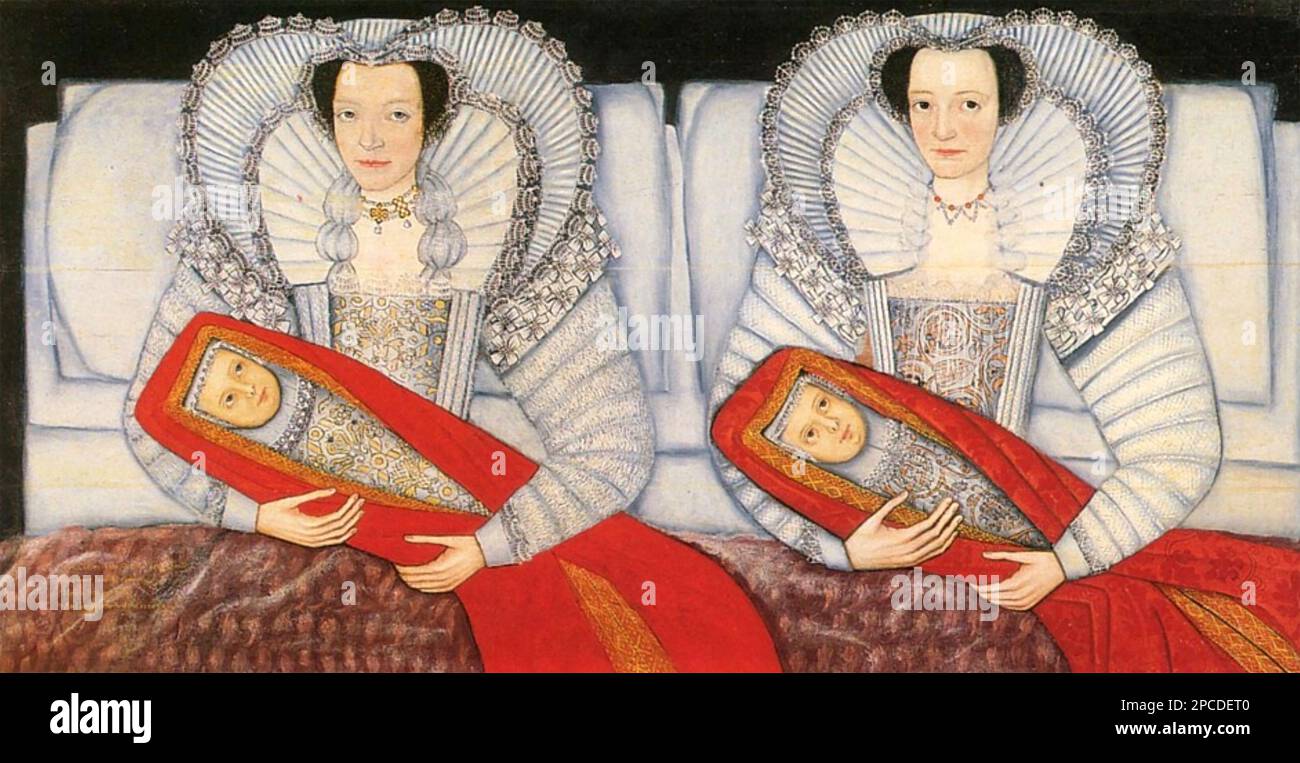 THE CHOLMONDELEY LADIES  Painting by unknown artist about 1605 of sisters holding babies in swaddling clothes. Original in the Tate. Stock Photo