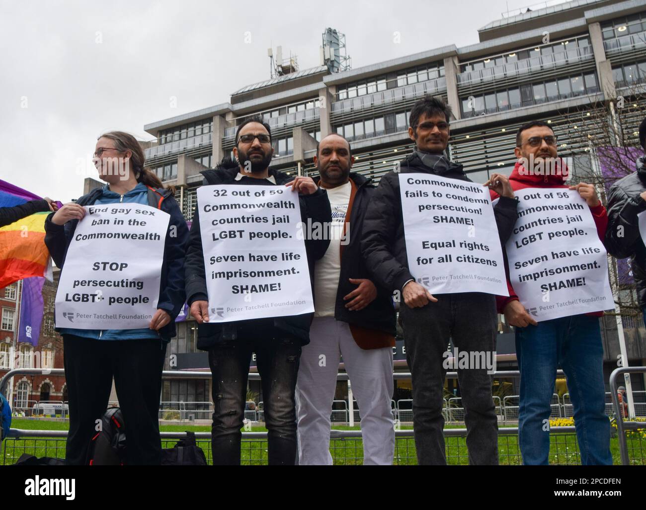 London, UK. 13th March 2023. Demonstrators gathered outside Westminster Abbey during the Commonwealth Day Service in protest against anti-LGBTQ laws in 32 out of 56 Commonwealth countries. Credit: Vuk Valcic/Alamy Live News Stock Photo