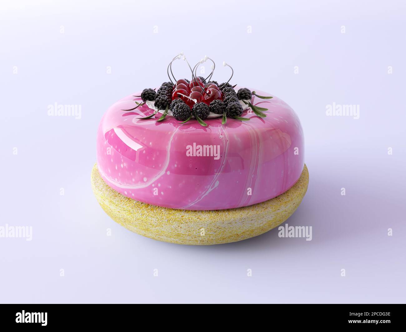 Round berry cake with pink mirror glaze and a bunch of wild berries. Delicious minimal cake isolated on a pastel purple flat background. Stock Photo