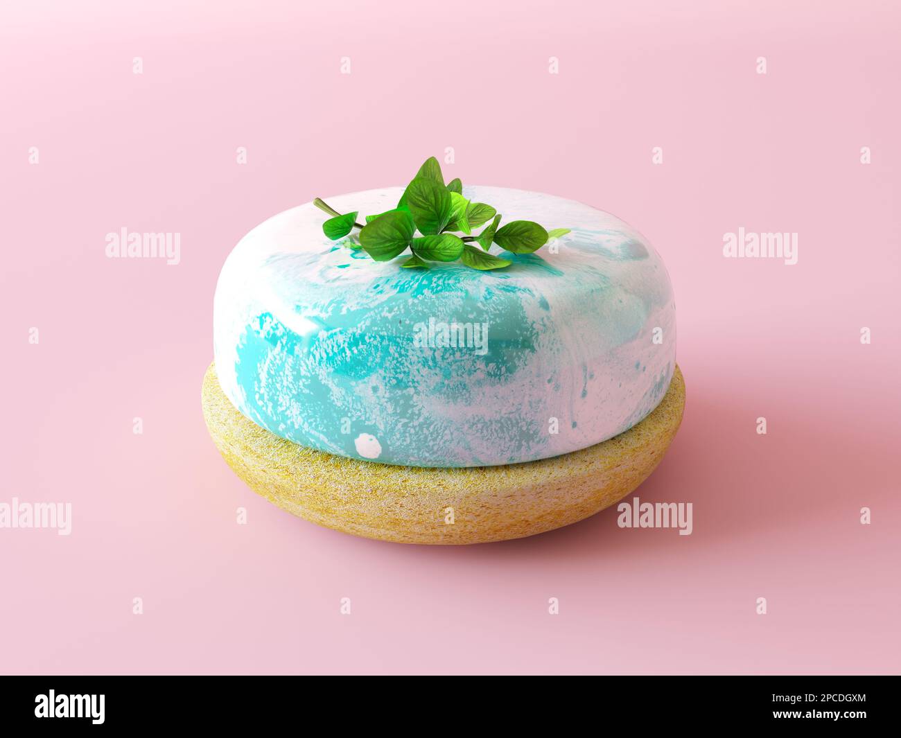 Trendy mint mousse cake with white and blue waves mirror glaze. Decorated by mint leaves. Isolated on pastel background. Stock Photo