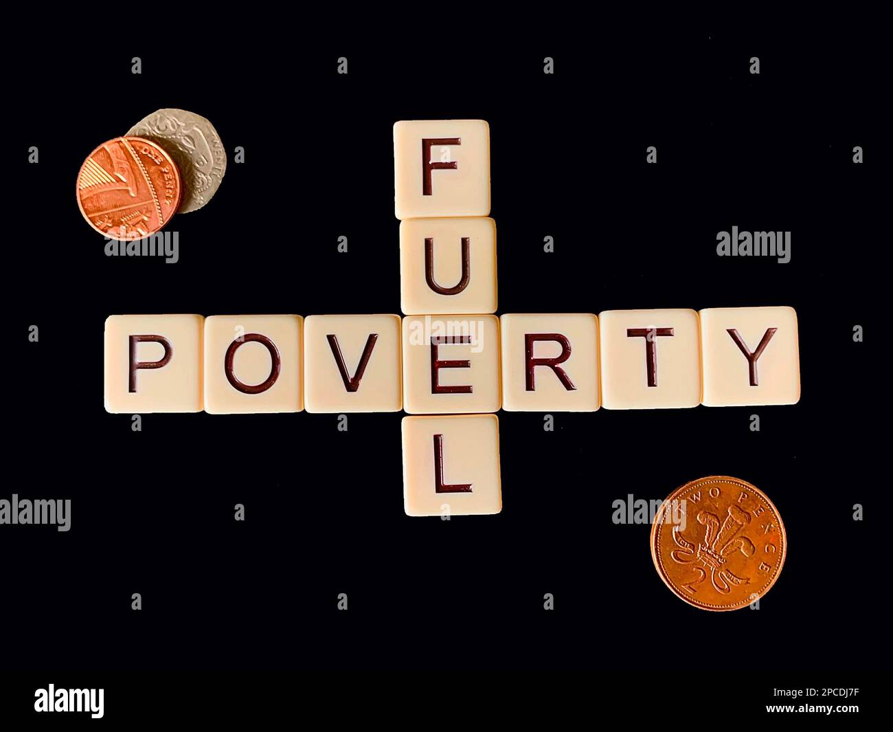 concept for fuel poverty created using word tiles and British coins Stock Photo