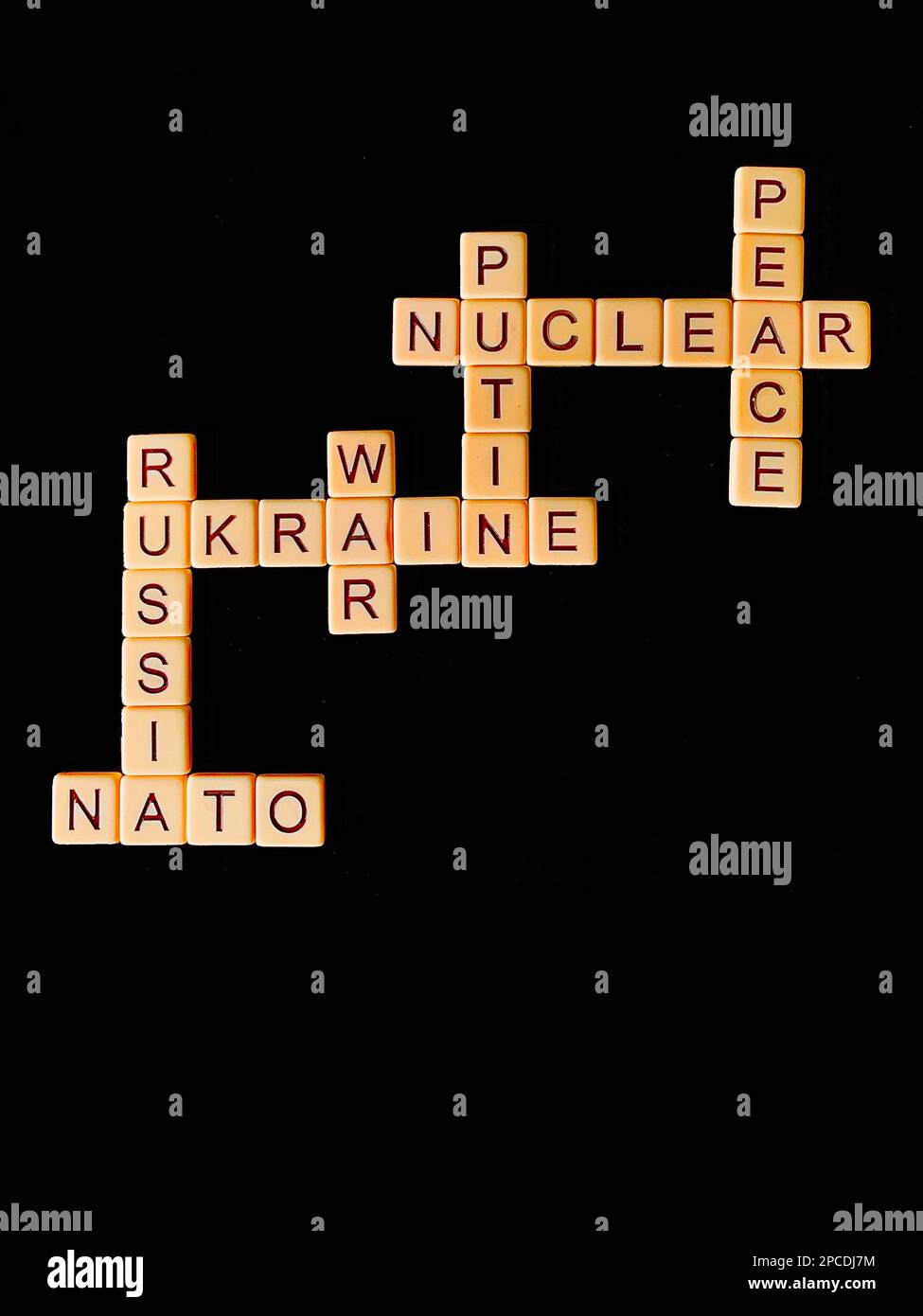 concept for the war in Ukraine featuring word tiles stating words like war, Putin, Russia and nuclear Stock Photo