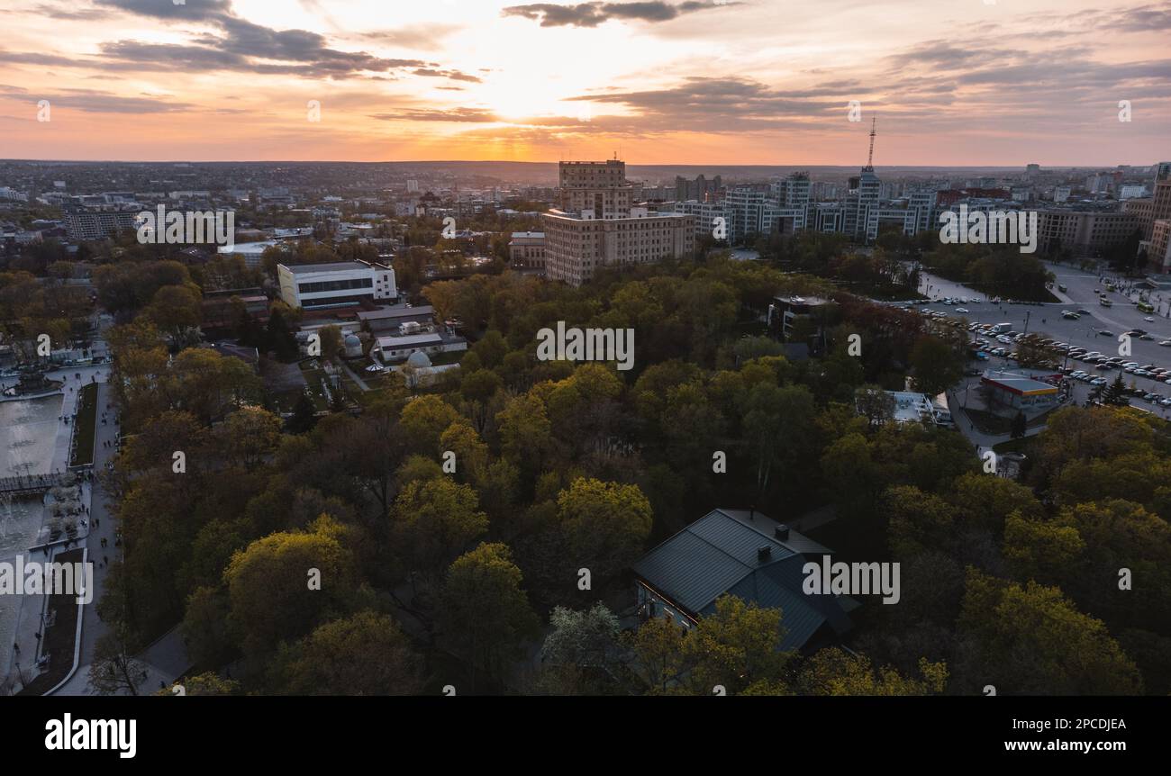 Sunset city aerial view on Kharkiv city Shevchenko park, Derzhprom and