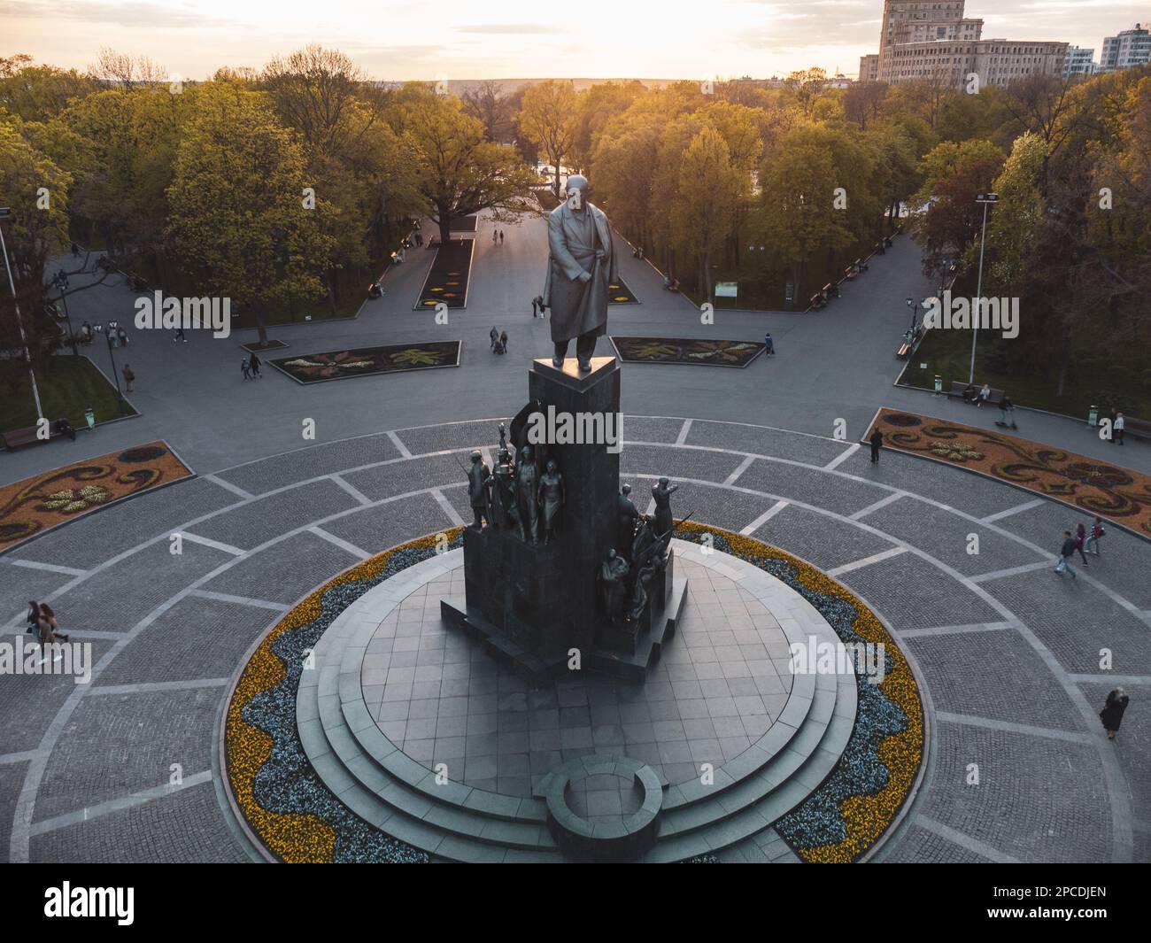 Aerial view on Taras Shevchenko Monument in spring sunset Kharkiv city