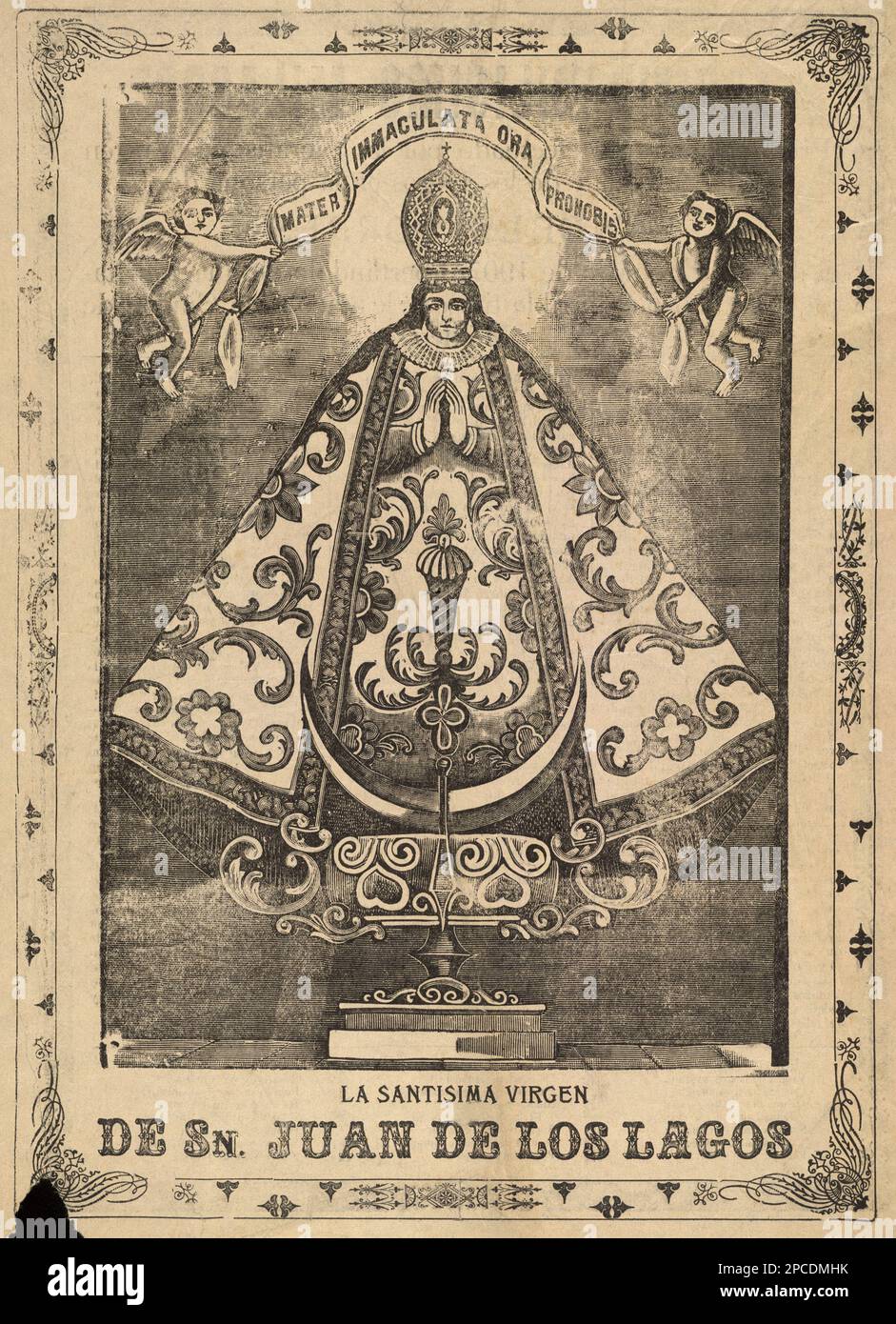 1907 ca , MEXICO : Mexican popular Holy lithographic  print  with the MADONNA dell' IMMACOLATA CONCEZIONE ( THE IMMACULATE CONCEPTION ). Printed by Antonio Vanegas Arroyo, artwork by José Guadalupe POSADA ( 1852 -1913 ). The Holy Virgin of San Juan de los Lagos . Broadside shows the statue of Our Lady of San Juan de los Lagos on the recto.  - IMMAGINE SACRA - POPOLARE - RELIGIONE - VERGINE MARIA  - RELIGIONE CATTOLICA - CATHOLIC RELIGION - portrait - ritratto - illustrazione - incisione  - Oleografia popolare  - putto - putti - angels - angeli - angelo - MESSICO - engraving ----  Archivio GBB Stock Photo