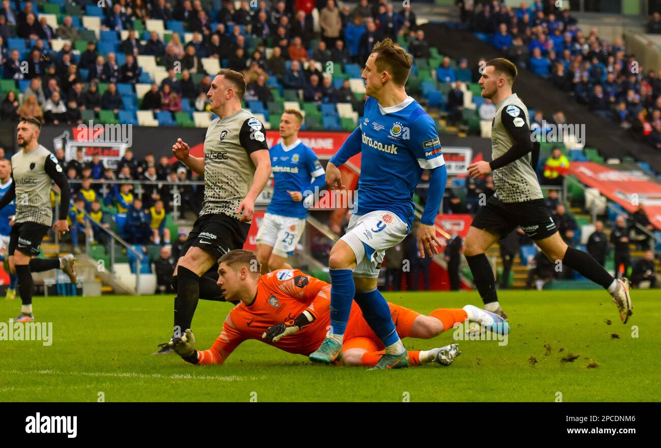 Joel Cooper, Linfield FC player, scores the opening goal. BetMcLean Cup Final 2023, Linfield Vs Coleraine. National Stadium at Windsor Park, Belfast. Stock Photo