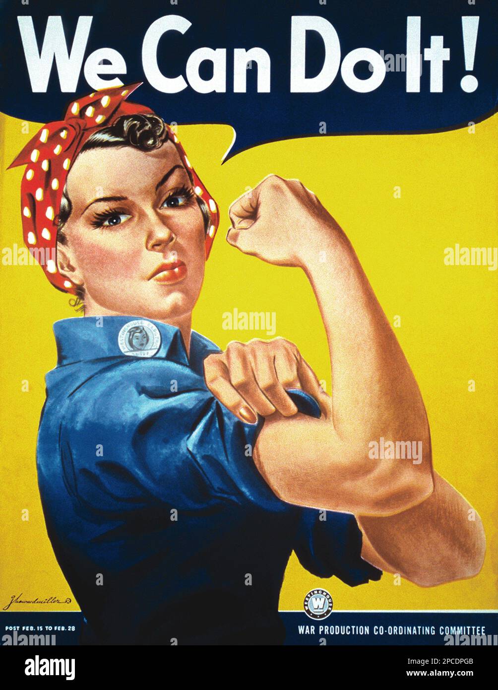 1942 ca , USA : The celebrated american propaganda poster ' WE CAN DO IT !' ( frequently misidentified as Rosie the Riveter ) by artist J. HOWARD MILLER for Westinghouse Company , War Production Co-Ordinating Committee with a woman factory worker . Was a very popular poster during World War II encouraging women to work in factories, or do other things to help and participate in the war effort. Although the 'We Can Do It!' image is famous today, during the war it was just one of many in Miller's series. The poster itself was not widely known on the home front because it was shown only at Westin Stock Photo