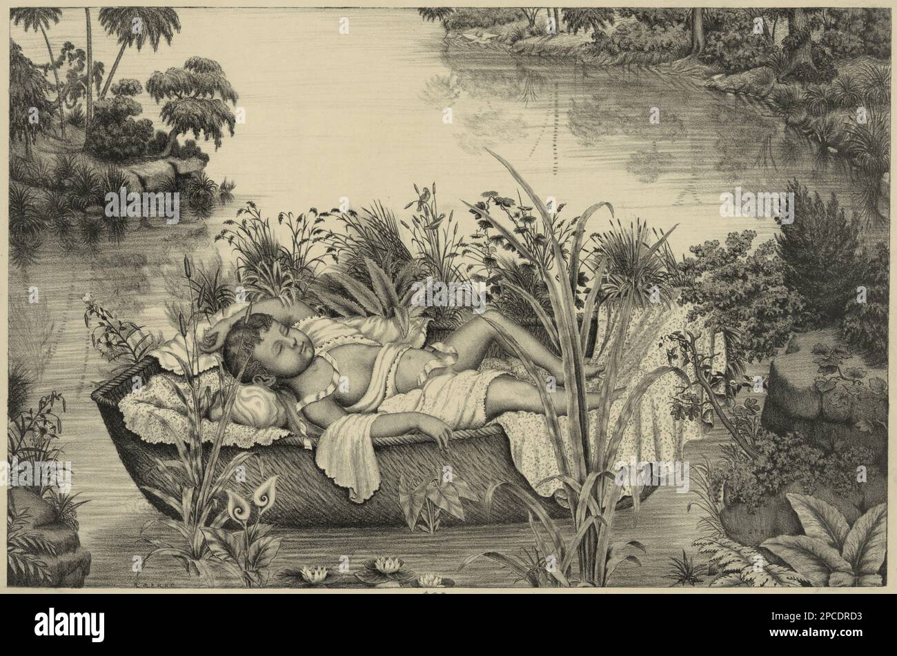1887 , USA : American  popular engraving print from XIX Century with MOSES  as an infant floating in a basket on the  river  Niles .  Moses is a Biblical Hebrew religious leader, lawgiver, prophet, and military leader, to whom the authorship of the Torah is traditionally attributed. - Mosé - Mose'  - RELIGIONE CATTOLICA EBRAICA - CATHOLIC RELIGION  EBRAIC - JEWISH - MOSHE' - MOYSES - ebraism - ebraismo - JEWISH - EBREO - EBREI - TAVOLE DEI DIECI COMANDAMENTI - patriarca - portrait - ritratto - illustrazione - incisione  - PORTRAIT - RITRATTO - MOSE' - Moshe - Nilo - child - children - bambino Stock Photo