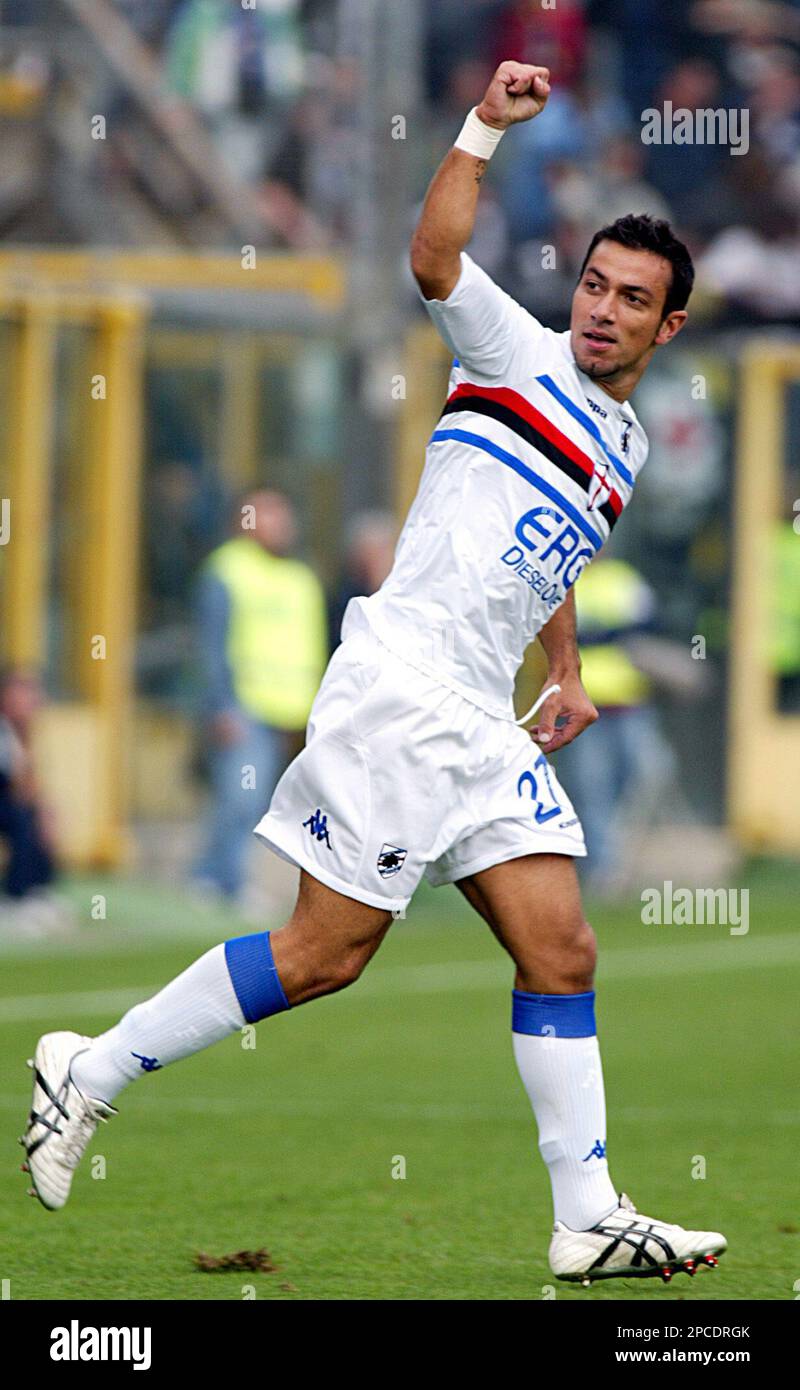 Sampdoria forward Fabio Quagliarella reacts after scoring during