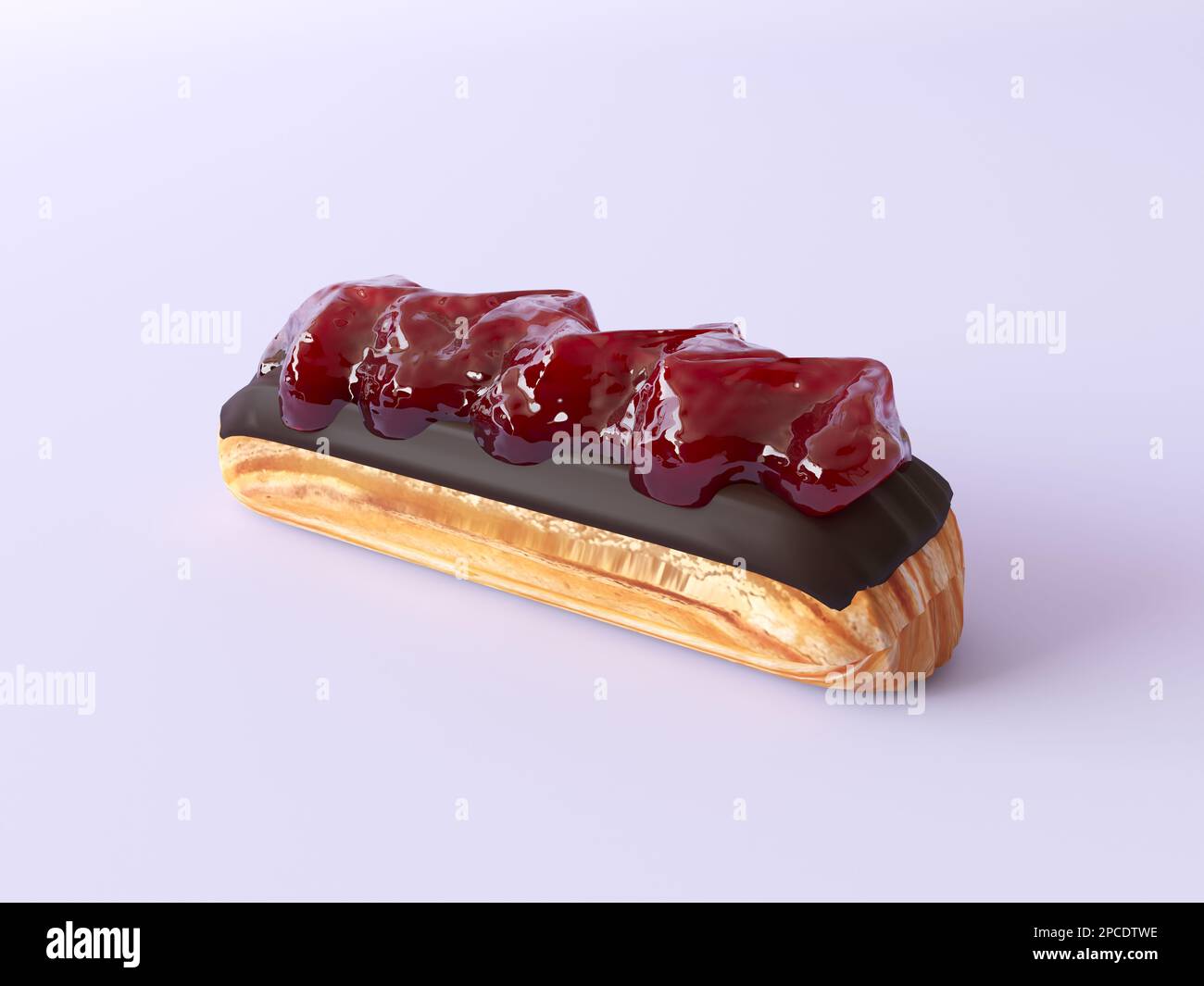 Chocolate Eclair with dark chocolate icing and berry jam isolated on pastel background. Assortment set Traditional french dessert. Stock Photo