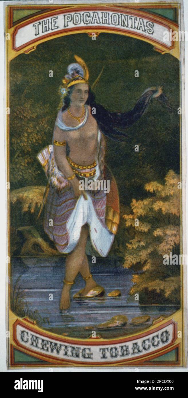 1867, USA : The Pocahontas Chewing Tobacco . Tobacco label showing Indian maiden stepping across a mountain stream.  POCAHONTAS  (c. 1595 - 1617 ) was a Native American woman who married an Englishman, John Rolfe, and became a celebrity in London in the last year of her life. She was a daughter of Wahunsunacawh (also known as Chief or Emperor Powhatan), who ruled an area encompassing almost all of the tribes in the Tidewater region of Virginia (called Tenakomakah at the time).   - PORTRAIT - RITRATTO - foto storiche - foto storica  -  Sauk Indians - INDIANI D' AMERICA - natives americans  - In Stock Photo