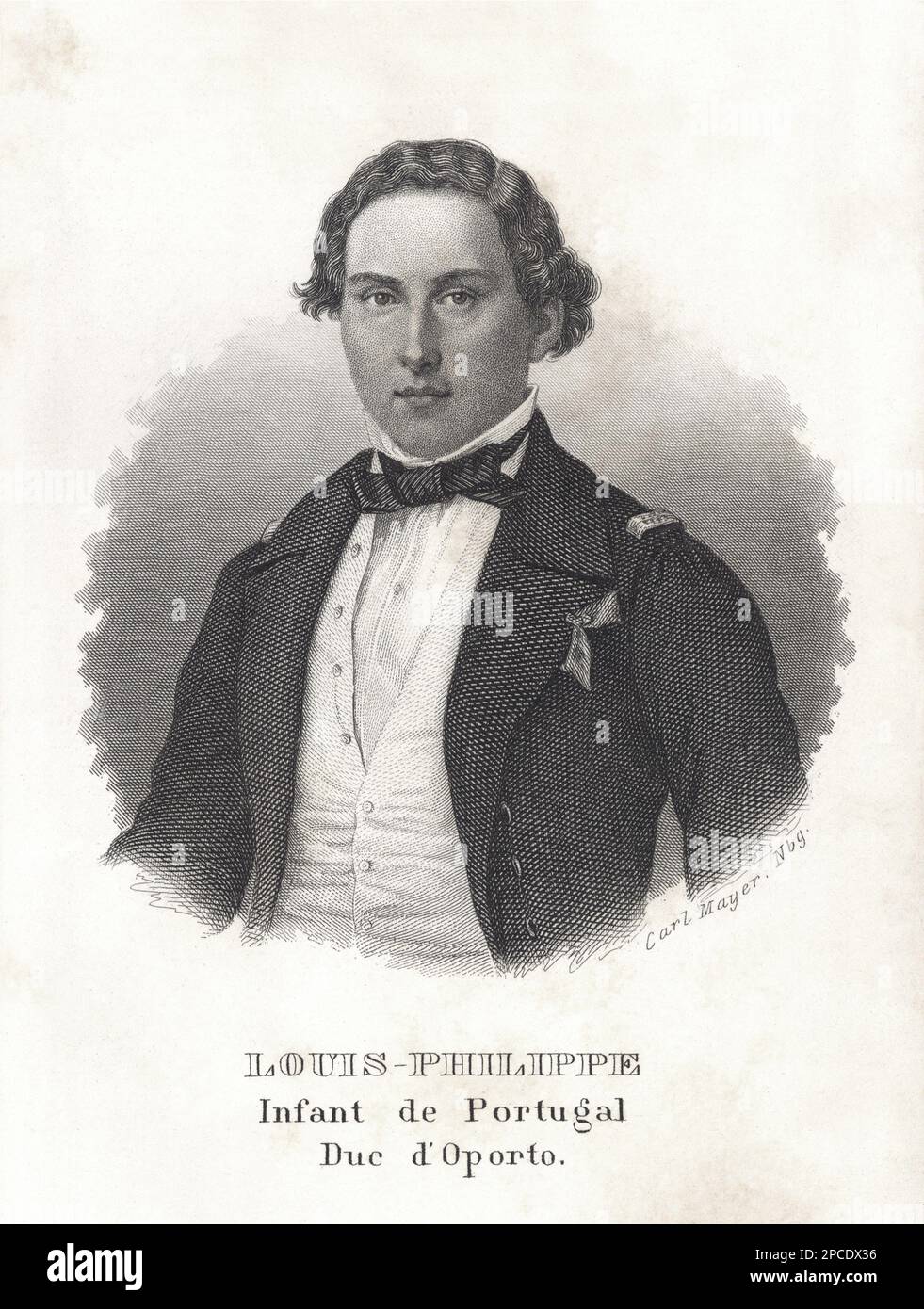 1860 ca : The prince Real of Beira of Portugal  LOUIS PHILIPPE  ( Luis Filipe ) de BRAGANZA ( 1838 - 1889 ), engraved portrait from ALMANACH DE GOTHA 1861. Future King LUIS I of Portugal and the Algarves from 1861 to 1889. He was the second son of Maria II and Ferdinand of Saxe-Coburg and Gotha and was created Duke of Porto and Viseu . Louis married Maria Pia of Savoy , daughter of Victor Emmanuel II of Italy and Maria Adelaide of Austria. Together they had two sons . - SAVOIA  - CASA de BRAGANCA  - PORTOGALLO  - REALI - Nobiltà  - Amelia   - NOBILITY - ROYALTY - HISTORY - FOTO STORICHE  - Lis Stock Photo