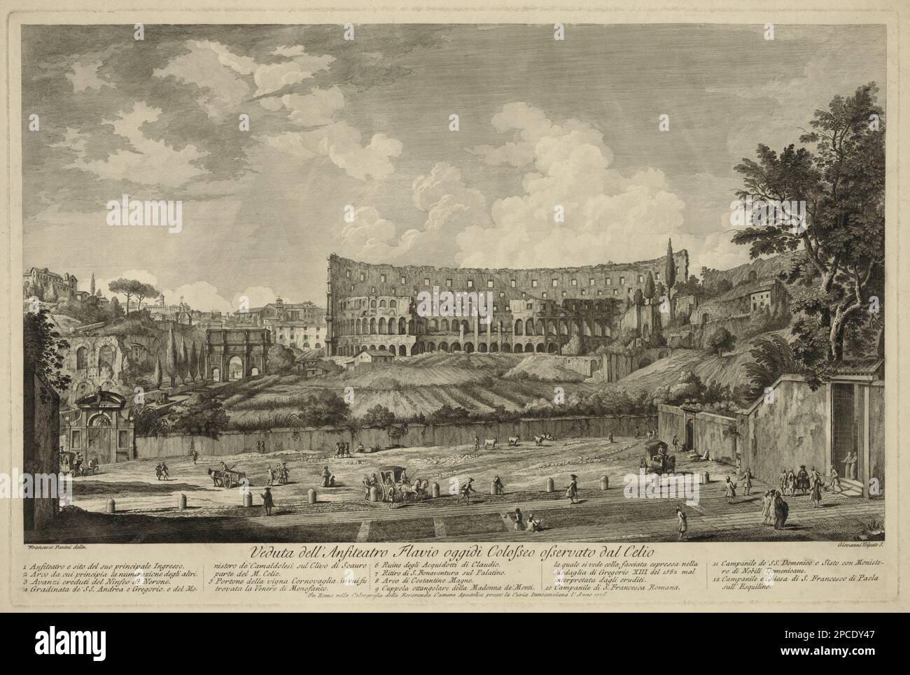 1776 , ROMA ,  ITALY : View of Rome with COLOSSEO see from the Celio . Print from a painting by FRANCESCO PANINI by Giovanni Volpato - ITALIA - FOTO STORICHE - HISTORY - GEOGRAFIA - GEOGRAPHY  - COLISEUM - ARCHITETTURA - ARCHITECTURE - ROME - ARCHEOLOGIA - ARCHEOLOGY - monumento -   - Ancient Rome - ANTICA ROMA  -  stampa - print - engraving  - panorama - landscape - paesaggio  - ANFITEATRO FLAVIO ----  Archivio GBB Stock Photo