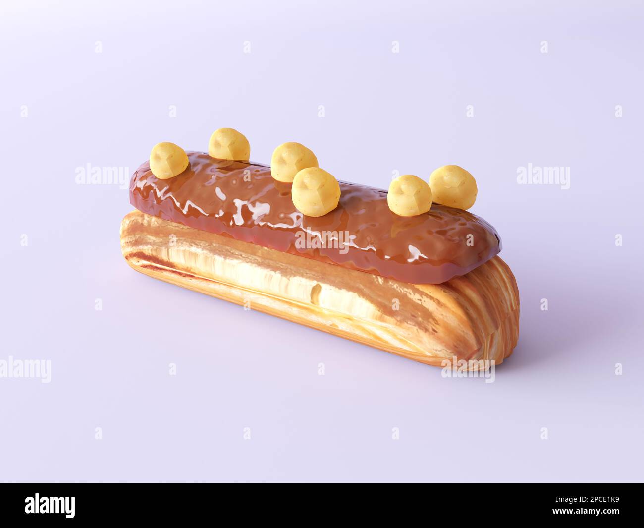 Eclair with corn crunchy balls and salt caramel icing isolated on