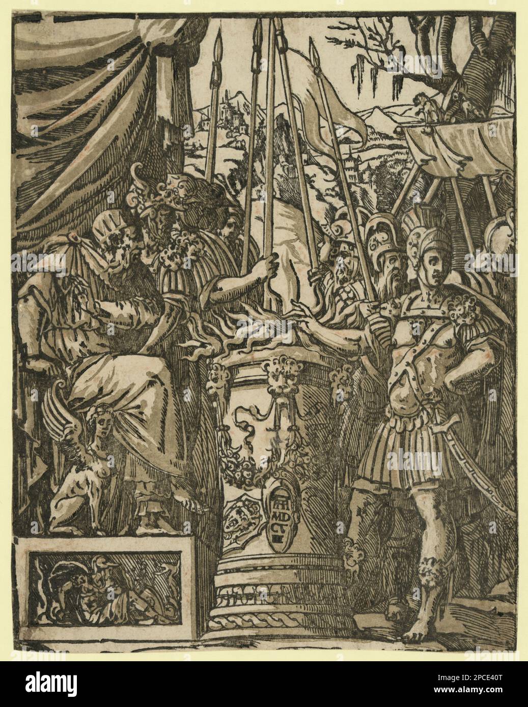 1585 , ITALY  :  Mutius Scaevola  . Print chiaroscuro woodcut  shows he Roman hero Mutius Scaevola, who saved Rome from the Etruscan king Lars Porsena in ca. 509 B.C., putting his hand into the fire . From a painting by italian artist Baldassarre Peruzzi ( 1481 - 1536 ) , engraved by Andrea Andreani  (ca. 1560 - 1623 ) - MUZIO SCEVOLA - ARTS - ART - HISTORY - FOTO STORICA STORICHE - ANCIENT ROME - ANTICA ROMA - portrait - ritratto - illustrazione - incisione  - armure - armatura - fire - fuoco - RENAISSANCE - RINASCIMENTO  ----  Archivio GBB Stock Photo