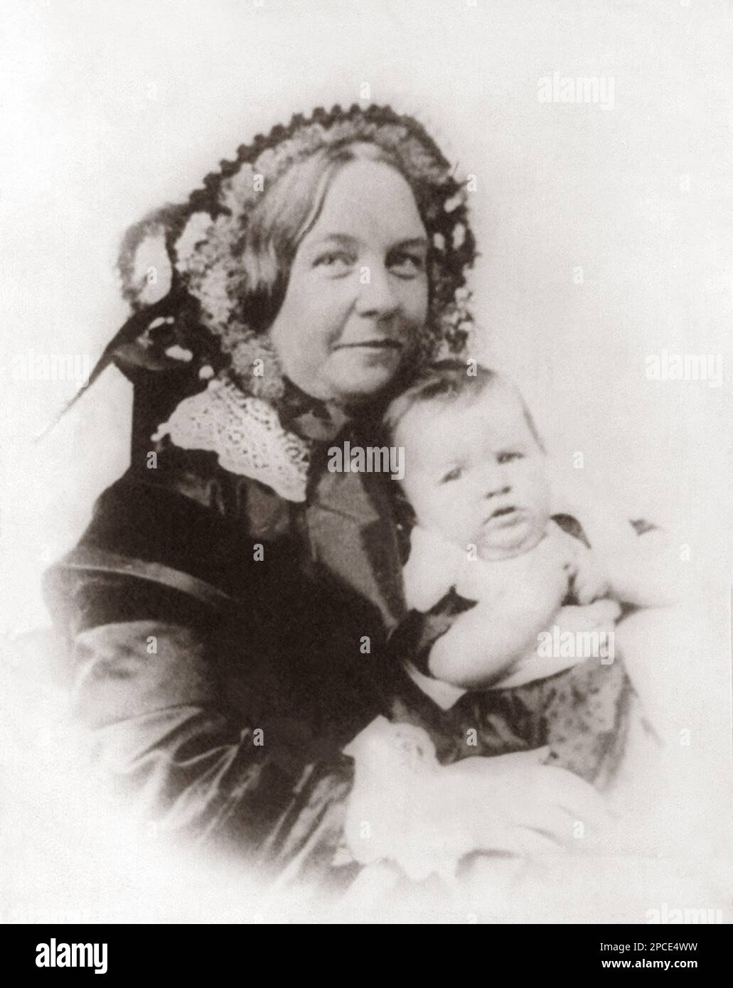 1856 , USA : The social activist abolitionist, and leading figure of the early woman's movement ELIZABETH CADY STANTON ( 1815 - 1902 ) and her daughter HARRIOT ( 1856 - 1940 ). Her Declaration of Sentiments, presented at the first women's rights convention held in 1848 in Seneca Falls, New York, is often credited with initiating the first organized woman's rights and woman's suffrage movements in the United States.  - SUFFRAGETTA - sufraggetta - Sufragist - POLITICO - POLITICIAN - POLITICA - POLITIC - FEMMINISMO - FEMMINISTA  - FEMMINISTE - SUFFRAGETTE - USA - ritratto - portrait  - FEMMINISM Stock Photo