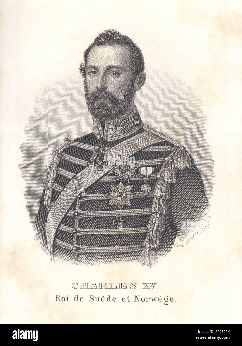 1861 : The  King of Sweden and Norway Charles XV of Sweden and IV of Norway ( CARL , 1826 - 1872 ). Engraved portrait from ALMANACH DE GOTHA , 1861. Charles married in  holm on 19 june 1850 the Princess Louise of Netherland Mecklenburg-Strelitz ( 1828 - 1871 ), niece of William II of the Netherlands through her father and niece of William I of Prussia, German Emperor, through her mother. Charles was the son of King Oscar I of Sweden and Norway and Queen Josefina of Sweden and Norway (née Princess Josephine of Leuchtenberg). The marriage was arranged to provide the new Bernadotte dynasty    - H Stock Photo