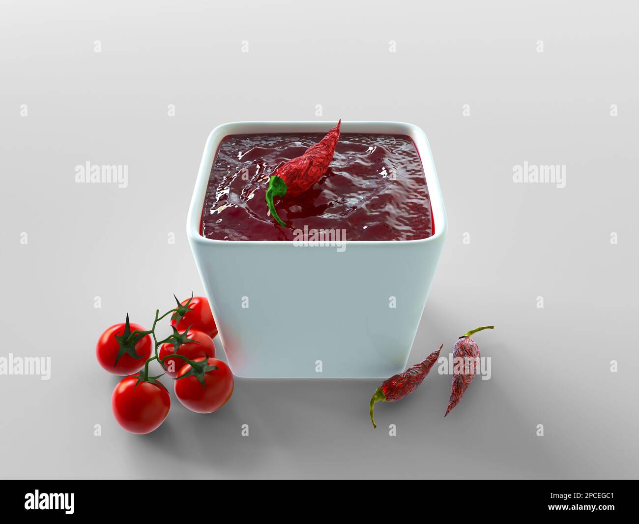 Container with barbecue sauce. Bbq sauce in white bowl, ketchup, red pepper and small cherry tomatoes. Set of different sauces isolated Stock Photo
