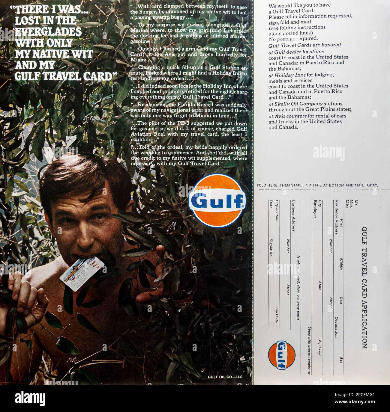 Gulf travel card advert in a Natgeo magazine June 1969b Stock Photo