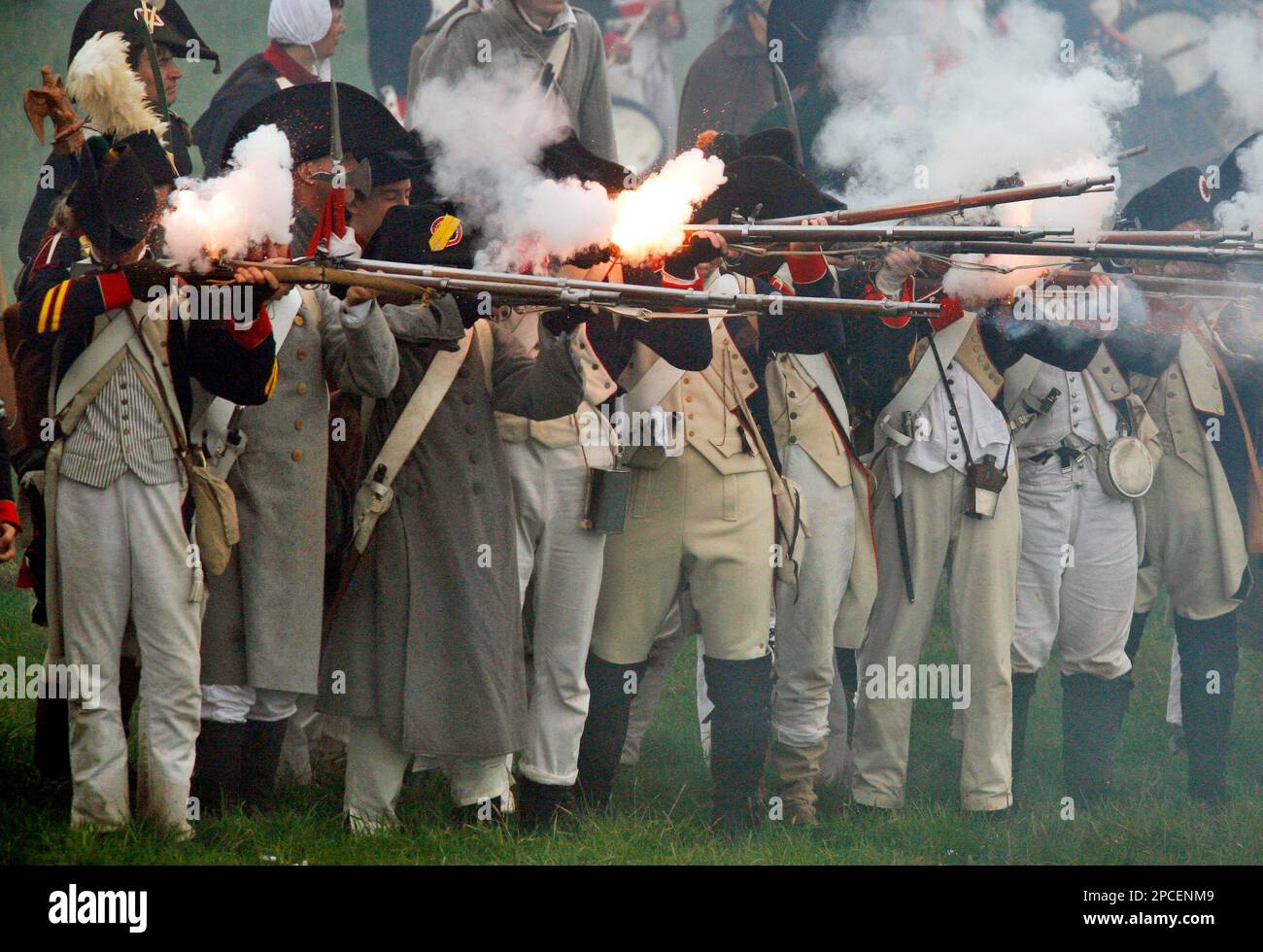 French troops shoot during the reenactment of the 200. anniversary of