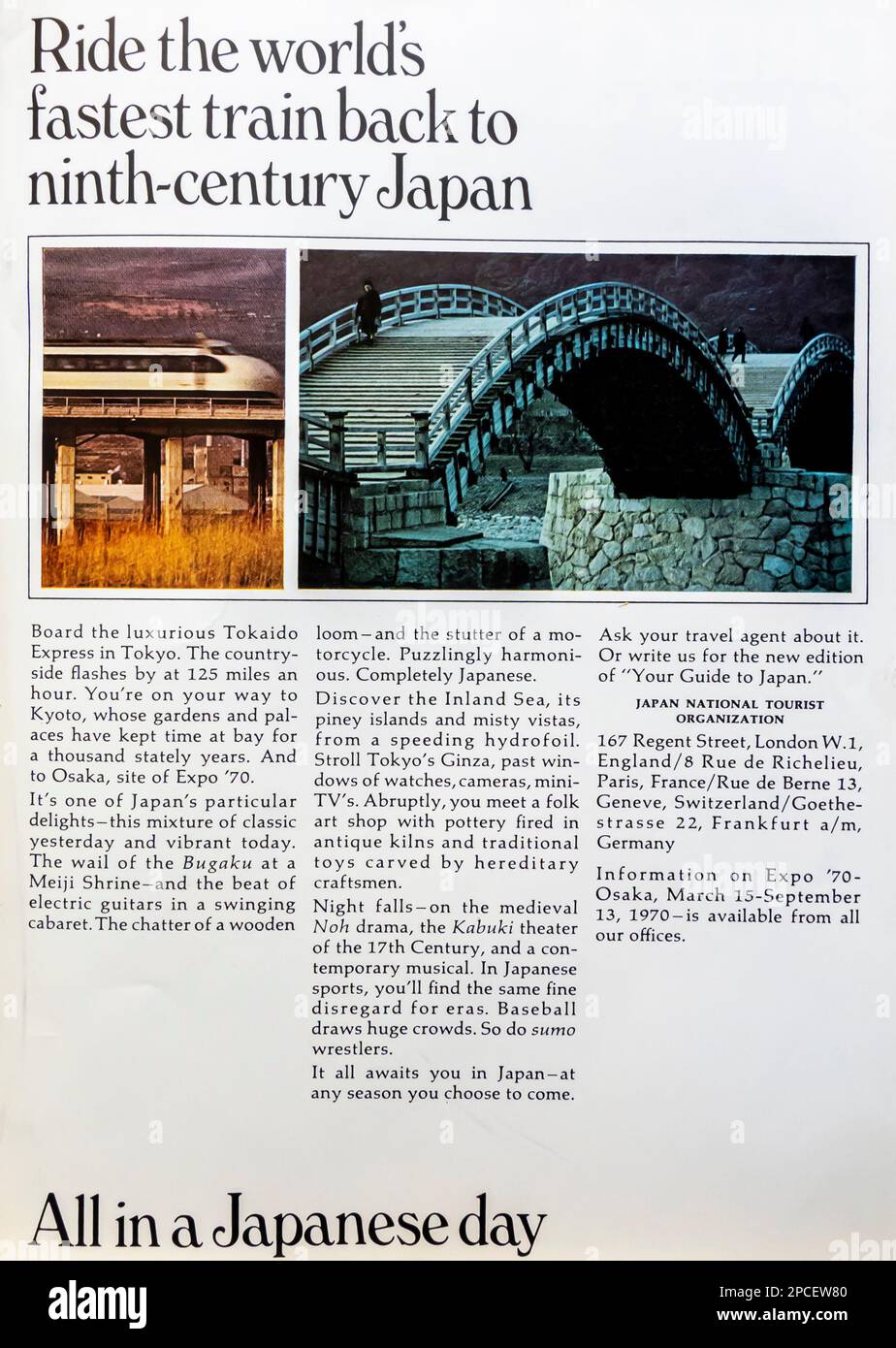 Japan travel, Tokaido express advert in a Natgeo magazine June 1969 Stock Photo