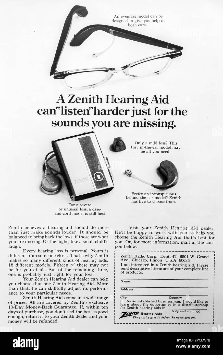 Zenith hearing aid advert in a Natgeo magazine June 1969 Stock Photo